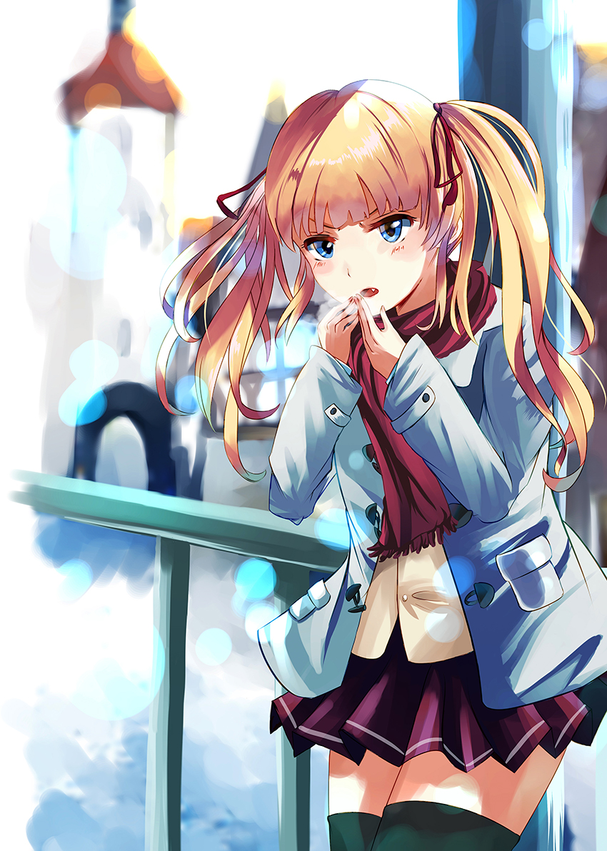 1girl black_legwear blonde_hair blowing_on_hands blue_eye blurry blurry_background coat fang hair_ribbon hands_up liukensama original pleated_skirt railing red_ribbon red_scarf ribbon scarf school_uniform skirt solo standing twintails visible_air