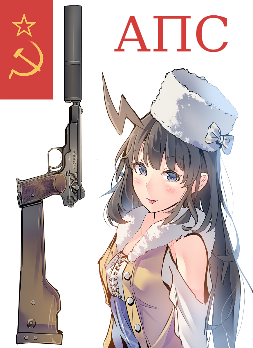1girl :p ahoge bare_shoulders black_hair blue_eyes blush bow closed_mouth daito eyebrows_visible_through_hair from_side fur-trimmed_jacket fur_collar fur_hat fur_trim girls_frontline hammer_and_sickle hat hat_bow highres jacket long_hair looking_at_viewer open_clothes open_jacket russian shoulder_cutout simple_background smile solo star stechkin_(girls_frontline) stechkin_aps striped striped_bow tongue tongue_out translated unbuttoned upper_body ushanka very_long_hair white_background white_hat