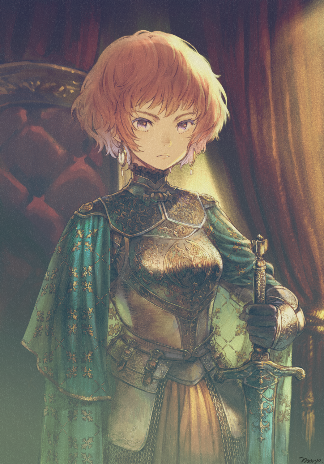 1girl armor belt black_gloves breastplate cape chair curtains earrings engraved fantasy gauntlets gloves highres jewelry looking_at_viewer moryo orange_hair original portrait short_hair solo sword throne turtleneck weapon