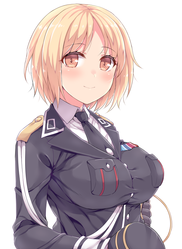 1girl blonde_hair breasts brown_eyes commentary_request girls_frontline hasu_(hk_works) hat hat_removed headwear_removed large_breasts looking_at_viewer military military_uniform mp40_(girls_frontline) necktie short_hair simple_background smile solo uniform white_background