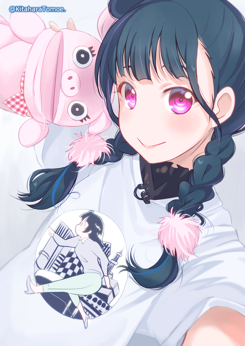 1girl alternate_hairstyle bangs blue_hair braid character_print hair_ornament hand_puppet highres kitahara_tomoe_(kitahara_koubou) kobayashi_aika long_hair looking_at_viewer love_live! love_live!_sunshine!! microphone pig pom_pom_(clothes) print_shirt puppet seiyuu_connection self_shot shirt side_bun sidelocks smile solo tsushima_yoshiko twin_braids twitter_username upper_body violet_eyes white_shirt