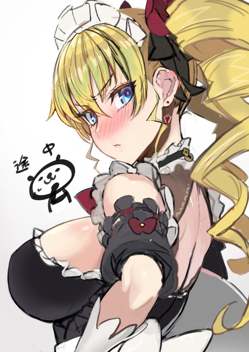 1girl blonde_hair blue_eyes blush breasts character_request drill_hair earrings jewelry large_breasts long_hair maid ookuma_(nitroplus) twintails upper_body