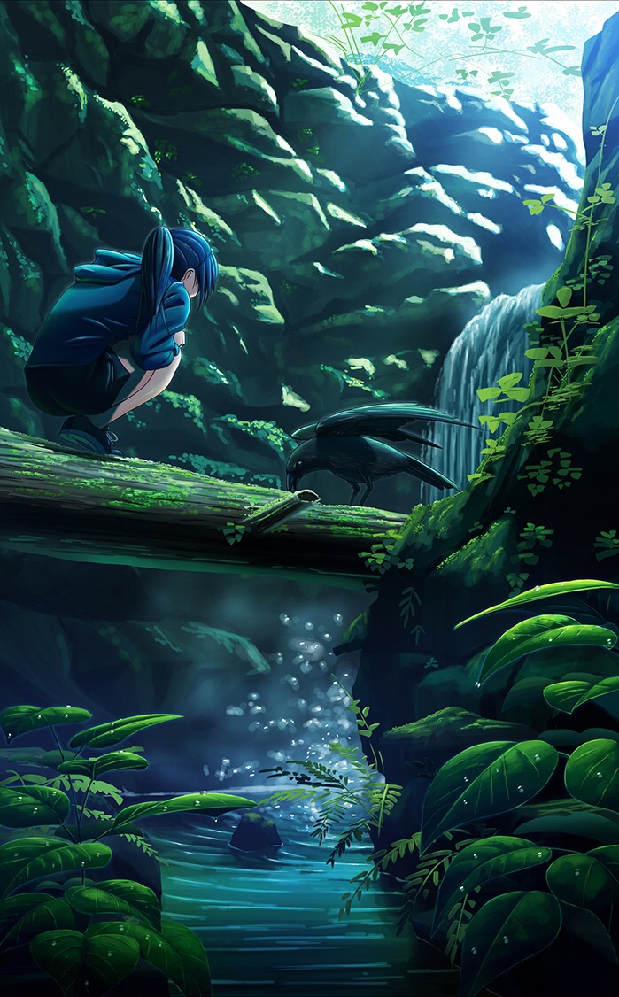 1girl animal bird black_shorts blue_hair blue_shirt crow day dew_drop facing_away hood hoodie leaf log long_hair original outdoors plant pond ponytail scenery shirt shoes shorts solo squatting sunlight takeyan_(774gon) water water_drop waterfall