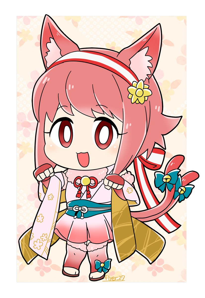 1girl :3 animal_ears artist_name bell blue_bow bow cat_ears cat_tail fake_animal_ears fake_tail fingerless_gloves fire_emblem fire_emblem_heroes fire_emblem_if flyer_27 gloves hairband halloween_costume highres japanese_clothes nintendo open_mouth pink_hair red_eyes sakura_(fire_emblem_if) short_hair solo tail