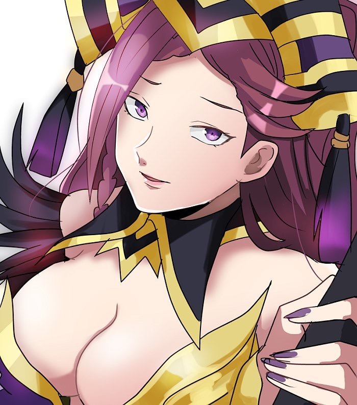 1girl breasts cleavage_cutout fire_emblem fire_emblem_heroes hat large_breasts loki_(fire_emblem_heroes) looking_at_viewer nintendo purple_hair rem_sora410 smile solo violet_eyes