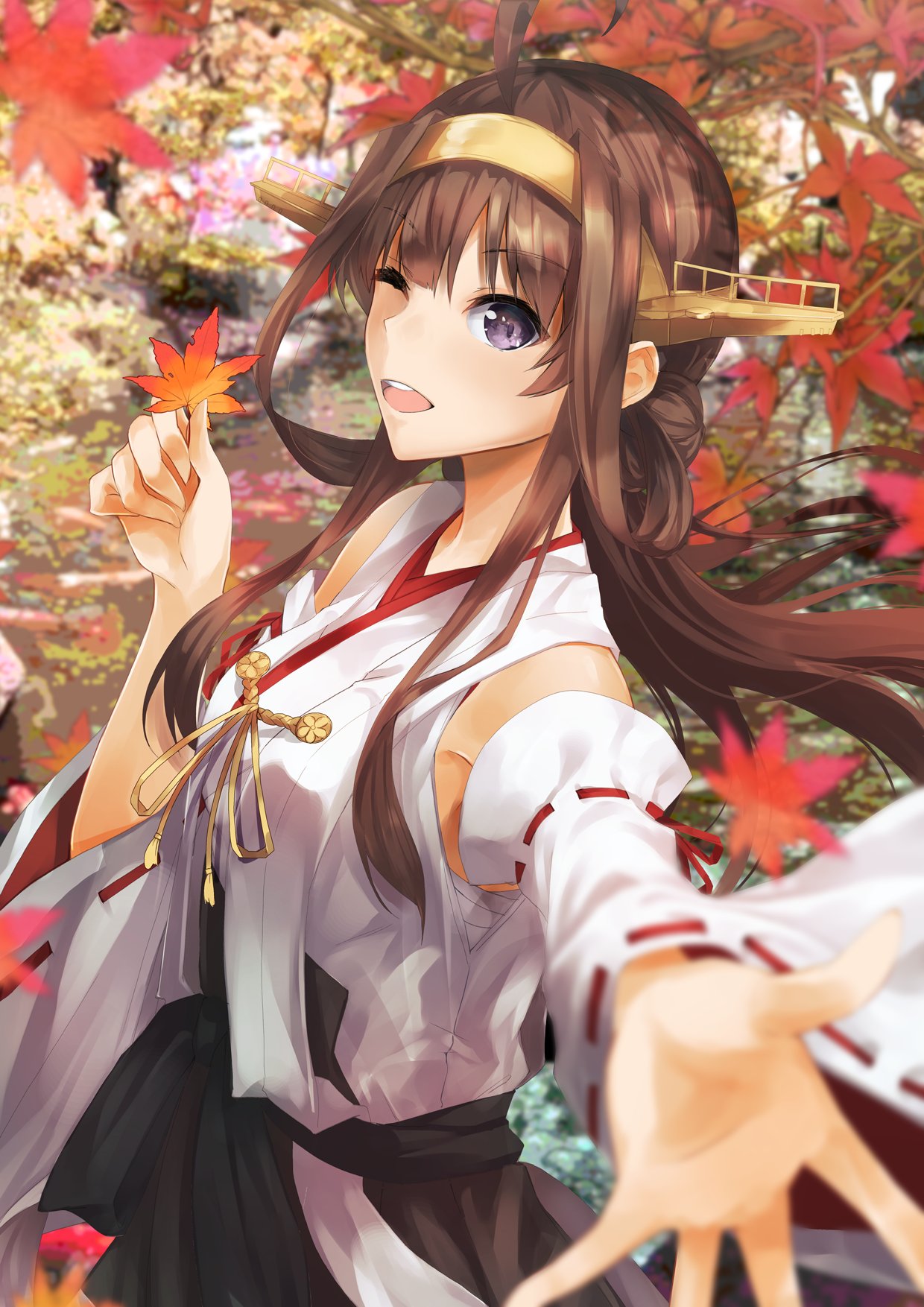 1girl ahoge autumn_leaves bare_shoulders blurry blurry_background blurry_foreground blush breasts brown_hair day depth_of_field detached_sleeves double_bun eyebrows_visible_through_hair hairband headgear highres holding holding_leaf japanese_clothes kantai_collection kongou_(kantai_collection) konkito leaf long_hair looking_at_viewer multiple_girls nontraditional_miko open_mouth outdoors reaching_out remodel_(kantai_collection) skirt smile solo