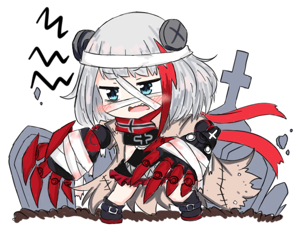 1girl admiral_graf_spee_(azur_lane) azur_lane bailingxiao_jiu bandage bandaged_head bandages bangs black_dress black_footwear blue_eyes blush boots chibi claws dress eyebrows_visible_through_hair fang looking_away multicolored_hair open_mouth red_scarf redhead scarf short_hair silver_hair simple_background solo standing streaked_hair tombstone wavy_mouth white_background
