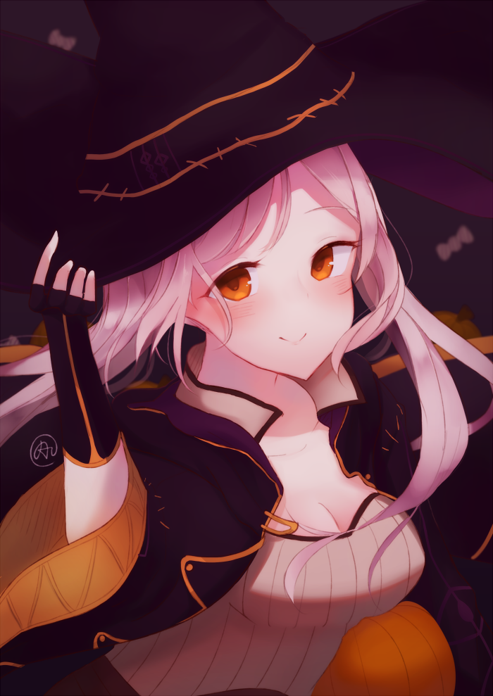 1girl aftergardens black_background black_gloves breasts brown_eyes candy cleavage closed_mouth female_my_unit_(fire_emblem:_kakusei) fingerless_gloves fire_emblem fire_emblem:_kakusei food gloves halloween_costume hand_on_headwear hat long_hair medium_breasts my_unit_(fire_emblem:_kakusei) nintendo pumpkin simple_background smile solo upper_body white_hair witch_hat