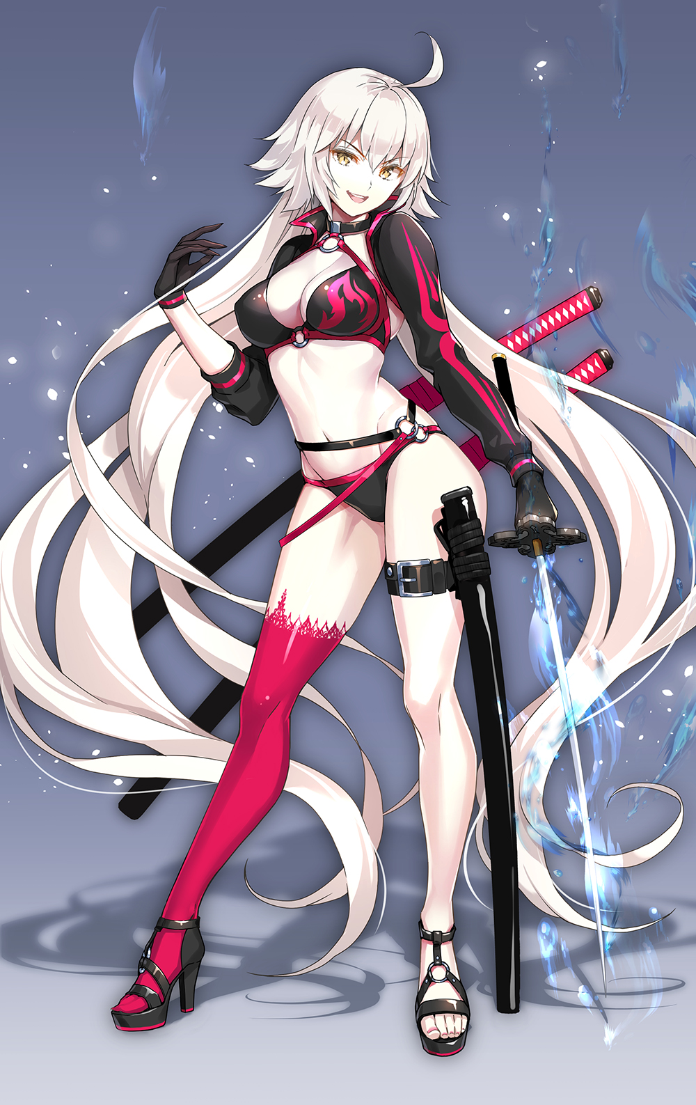 1girl :d ahoge asymmetrical_legwear bangs bikini black_bikini black_footwear black_gloves breasts brown_eyes cleavage commentary_request eyebrows_visible_through_hair fate/grand_order fate_(series) gloves hair_between_eyes hand_up head_tilt high_heels highres holding holding_sword holding_weapon jeanne_d'arc_(alter_swimsuit_berserker) jeanne_d'arc_(fate)_(all) katana long_hair long_sleeves medium_breasts navel o-ring o-ring_bikini o-ring_bottom o-ring_top open_mouth puffy_long_sleeves puffy_sleeves red_legwear sheath shrug_(clothing) silver_hair single_thighhigh smile solo suishougensou swimsuit sword thigh-highs unsheathed v-shaped_eyebrows very_long_hair weapon