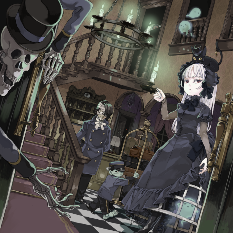 1girl 2boys animal animal_on_head bandage_on_face bangs black_bow black_cat black_dress black_footwear boots bow candelabra candle cat cat_on_head checkered checkered_floor dress dress_lift dutch_angle ghost gothic gothic_lolita hairband halloween hat holding_candle hotel kinono lolita_fashion lolita_hairband long_hair multiple_boys on_head original pale_skin puffy_short_sleeves puffy_sleeves red_eyes short_sleeves skeleton stairs top_hat undead white_hair