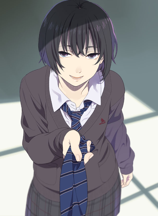 1girl black_eyes black_hair blurry depth_of_field looking_at_viewer mattaku_mousuke necktie necktie_grab neckwear_grab original pov school_uniform short_hair sweater