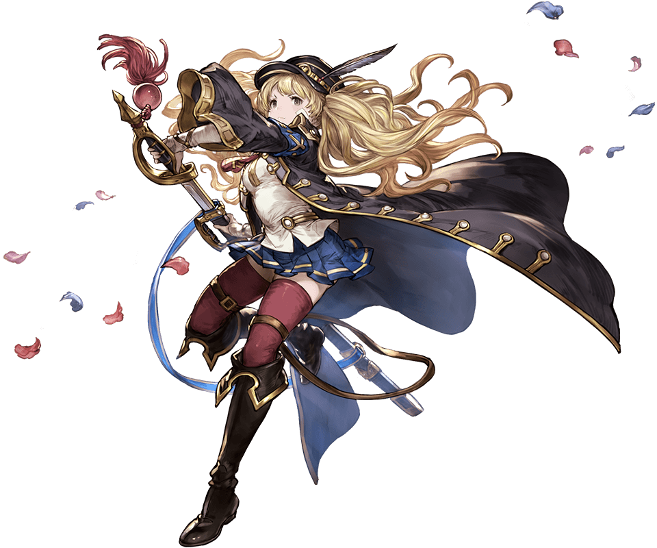 1girl bandaid bandaid_on_face bangs black_footwear blonde_hair boots brown_eyes closed_mouth curly_hair feathers full_body granblue_fantasy hat holding holding_weapon knee_boots leg_up long_coat long_hair long_sleeves minaba_hideo miniskirt monica_weisswind official_art petals pleated_skirt serious sheath skirt solo sword thigh-highs transparent_background twintails very_long_hair weapon wide_sleeves zettai_ryouiki