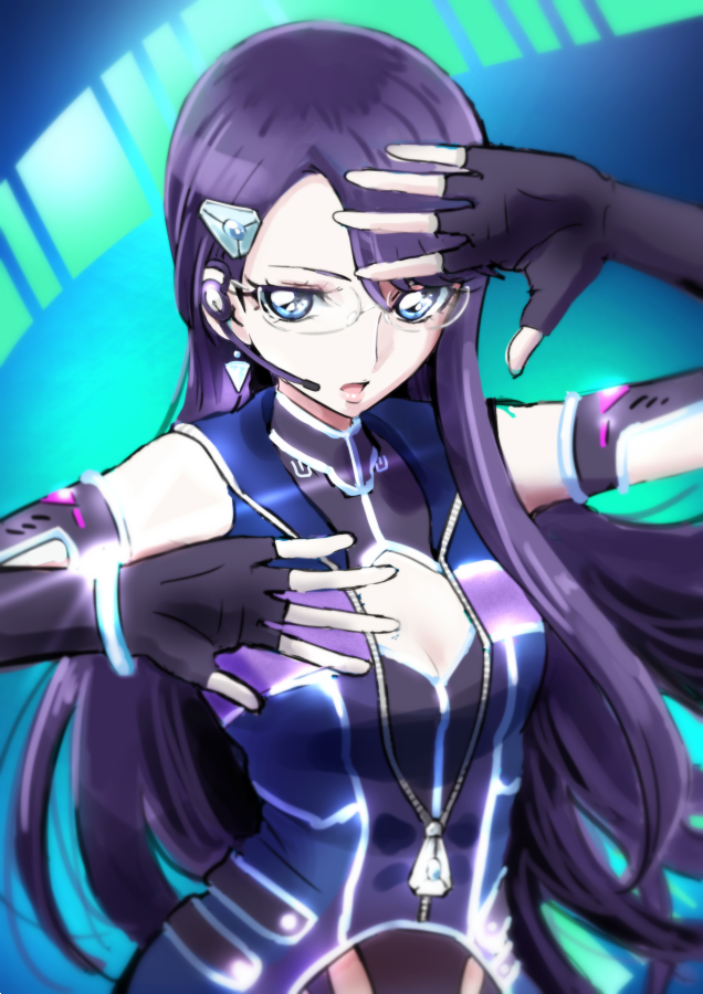1girl black_gloves blue_eyes breasts cleavage cleavage_cutout elbow_gloves fingerless_gloves floating_hair glasses gloves hair_ornament hairclip heartcatch_precure! long_hair medium_breasts microphone open_mouth partially_unzipped precure purple_hair rimless_eyewear solo tsukikage_oyama tsukikage_yuri upper_body very_long_hair