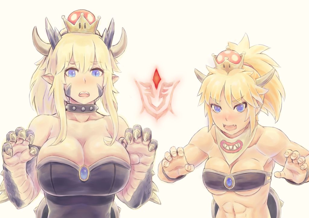 2girls abs artoria_pendragon_(all) artoria_pendragon_(lancer_alter) blonde_hair blue_eyes bowsette bowsette_jr. breasts claw_pose claws collar command_spell fate/grand_order fate_(series) horns kensaint large_breasts medium_breasts mordred_(fate) mordred_(fate)_(all) multiple_girls open_mouth paws pointy_ears scarf studded_collar super_crown