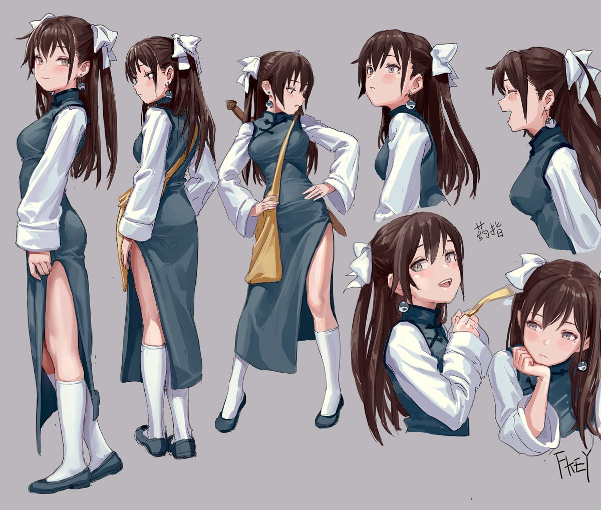 1girl :d ^_^ artist_name ass bangs blue_dress blue_footwear brown_eyes brown_hair character_sheet chin_rest china_dress chinese chinese_clothes chinese_commentary closed_eyes commentary_request cropped_torso dress earrings expressions fkey from_behind from_side full_body grey_background hair_between_eyes hair_ribbon hand_on_hip hand_up hands_on_hips hands_up head_tilt jewelry kneehighs long_hair long_sleeves looking_at_viewer mole mole_under_eye multiple_views open_mouth original parted_lips pelvic_curtain profile ribbon scabbard sheath sheathed shirt shoes signature simple_background smile standing sword thighs translation_request two_side_up upper_body weapon white_legwear white_ribbon white_shirt wide_sleeves yin_yang yin_yang_earrings