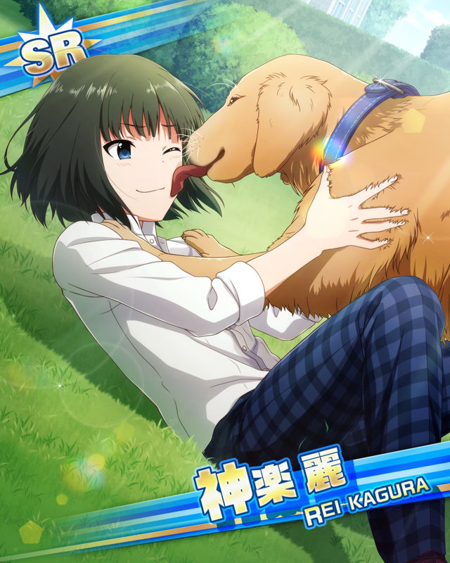 black_hair blue_eyes character_name dog dress idolmaster idolmaster_side-m kagura_rei short_hair smile wink