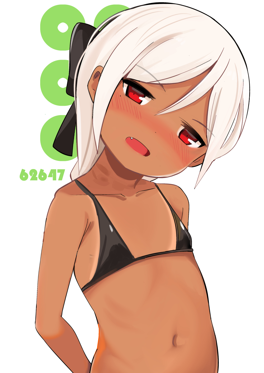 1girl arms_behind_back bangs bare_legs bare_shoulders bikini bikini_tan black_bikini black_bow blush bow collarbone commentary_request eyebrows_visible_through_hair fang hair_between_eyes hair_bow head_tilt highres long_hair looking_at_viewer navel nose_blush open_mouth original red_eyes solo swimsuit tan tanline toy_box-r upper_body white_background white_hair