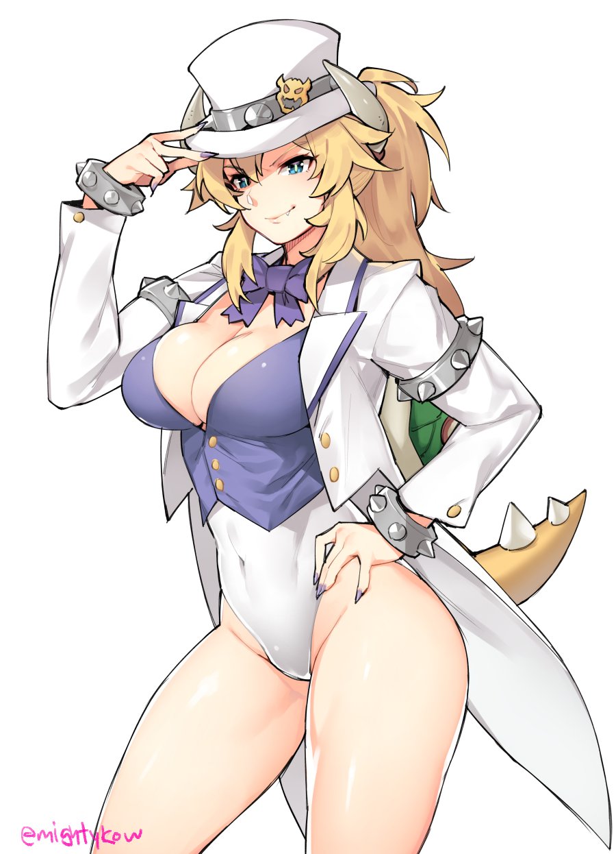 1girl alternate_costume blonde_hair blue_eyes blue_vest bowsette bracelet breasts cleavage earrings fang gebyy-terar genderswap grin hair_between_eyes hand_on_hip hat highres horns jacket jewelry large_breasts leotard super_mario_bros. new_super_mario_bros._u_deluxe nintendo smile spiked_armlet spiked_bracelet spiked_shell spiked_tail spikes super_mario_bros. tail thighs top_hat touching_hat transformation turtle_shell vest white_jacket white_leotard