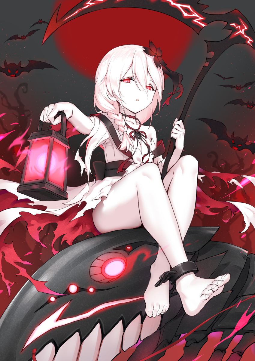 1girl ankle_cuffs bare_legs barefoot bat braid chains character_request choker commentary_request copyright_request dress feet flower glowing glowing_eyes hair_flower hair_ornament haoni highres holding holding_scythe holding_weapon lantern long_hair looking_at_viewer monster open_mouth pale_skin red_eyes scythe side_braid silver_hair sitting solo toes torn_clothes torn_dress weapon white_dress
