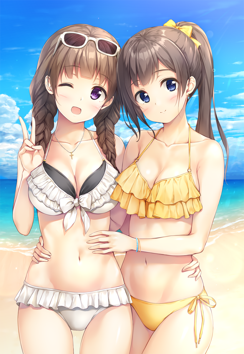 2girls ;d beach bikini blue_eyes bow bracelet braid breasts cleavage clouds collarbone commentary cowboy_shot cross cross_necklace eyewear_on_head frilled_bikini frills hair_bow hand_on_another's_hip hand_on_another's_stomach highres jewelry large_breasts medium_breasts multiple_girls navel necklace one_eye_closed open_mouth original pasdar ponytail side-by-side sky smile sunglasses swimsuit twin_braids v violet_eyes water white_bikini yellow_bikini yellow_bow