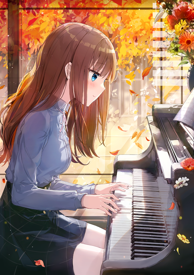 1girl autumn autumn_leaves bangs black_skirt blue_eyes blue_shirt blush bolo_tie breasts brown_hair buttons collared_shirt commentary_request eyebrows_visible_through_hair falling_leaves falling_petals flower fuumi_(radial_engine) high-waist_skirt indoors instrument leaf leaning_forward light light_particles long_hair long_sleeves medium_breasts music original petals piano playing_instrument playing_piano profile sheet_music shiny shirt shutter sitting skirt smile solo striped striped_legwear transparent tree vase window window_shade