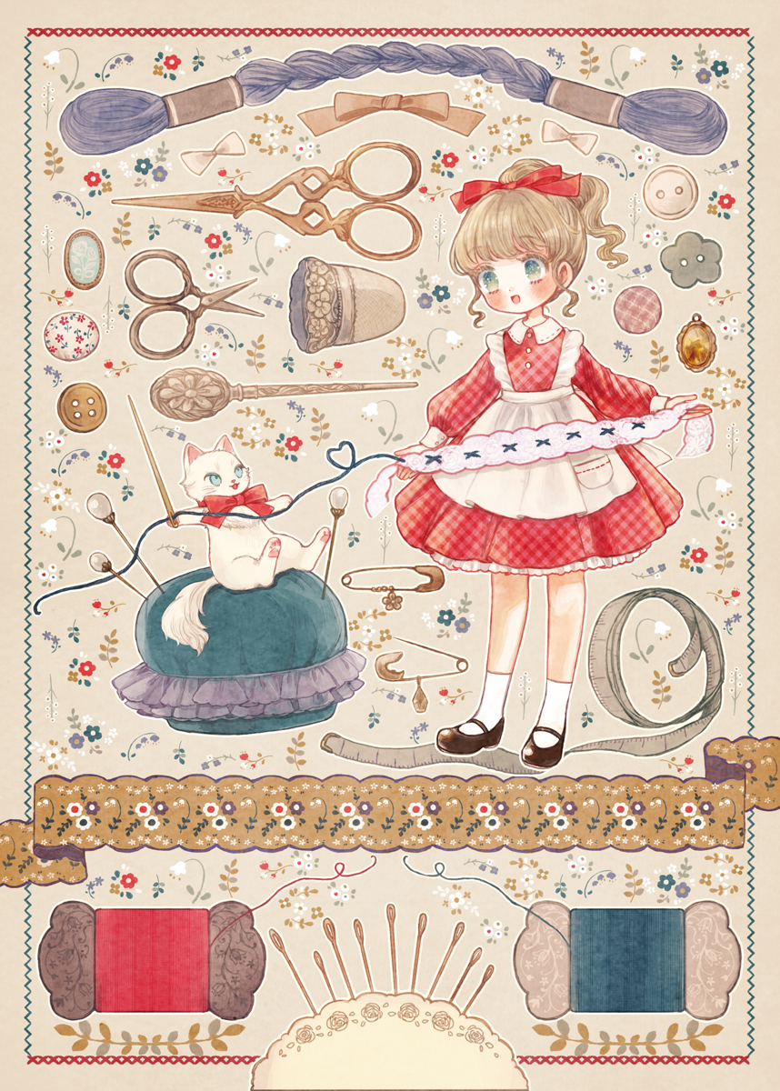 1girl :d apron bangs beige_background black_footwear blonde_hair blush buttons cat collared_dress commentary_request dress eyebrows_visible_through_hair floral_background green_eyes hair_ribbon heart heart_of_string highres holding lace long_sleeves looking_at_another mary_janes needle open_mouth original pin pincushion plaid plaid_dress pocket ponytail red_dress red_ribbon ribbon safety_pin scissors sewing_needle shoes sidelocks smile socks solo spool standing string tape_measure thimble wavy_hair white_apron white_cat white_legwear yujup