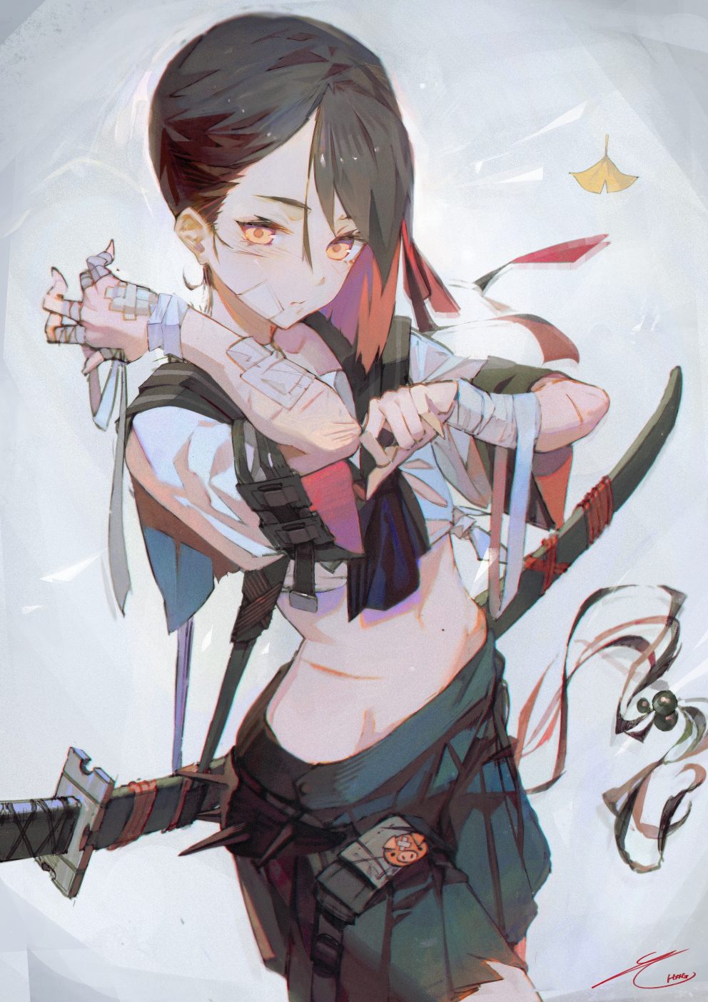 1girl asymmetrical_hair bandage black_hair highres hong injury katana miniskirt multicolored_hair navel original pleated_skirt school_uniform short_hair skirt sword two-tone_hair weapon