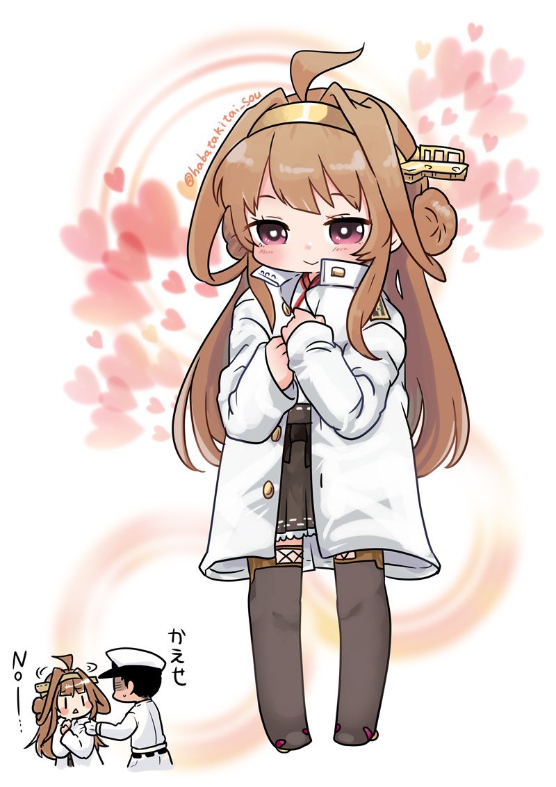 1girl admiral_(kantai_collection) ahoge blush boots brown_hair chibi commentary_request double_bun full_body hat headgear heart kantai_collection kongou_(kantai_collection) long_hair long_sleeves lr_hijikata peaked_cap smile standing thigh-highs thigh_boots triangle_mouth twitter_username violet_eyes |_|