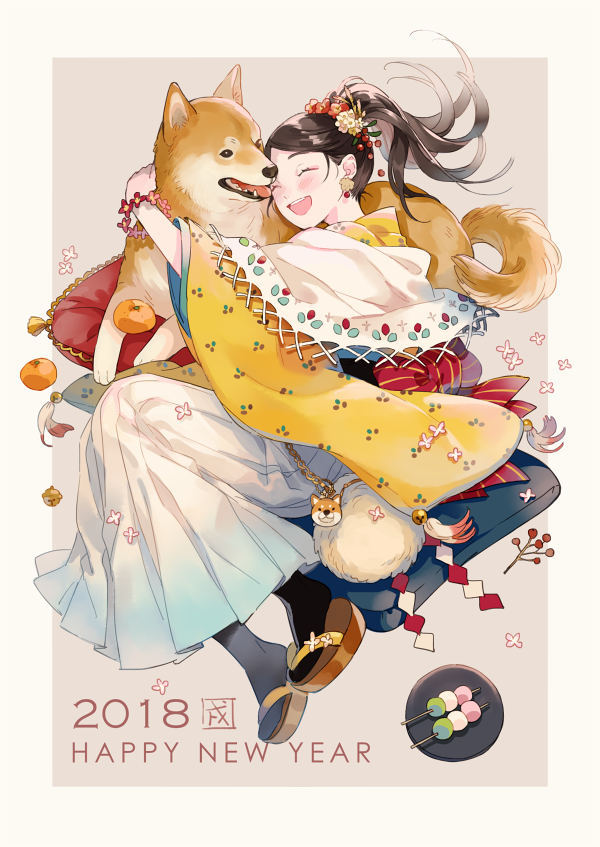 1girl 2018 ^_^ ^o^ animal beige_background bell black_legwear blush brown_hair chinese_zodiac closed_eyes commentary_request cushion dango earrings facing_another flower flower_bracelet food fruit hair_flower hair_ornament hakama happy_new_year high_ponytail japanese_clothes jewelry jingle_bell keychain kimono long_hair long_sleeves mandarin_orange new_year obi open_mouth original outside_border plate pom_pom_(clothes) ponytail sandals sanshoku_dango sash seuga shawl shiba_inu shide simple_background smile solo tabi translated wagashi white_hakama wide_sleeves year_of_the_dog zabuton