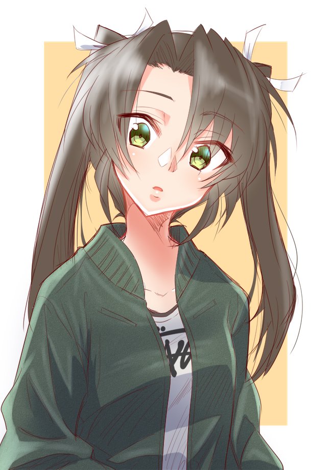 brown_hair green_hair jacket kantai_collection long_hair long_sleeves open_clothes open_jacket track_jacket twintails yellow_eyes yuugen_no_tei zuikaku_(kantai_collection)