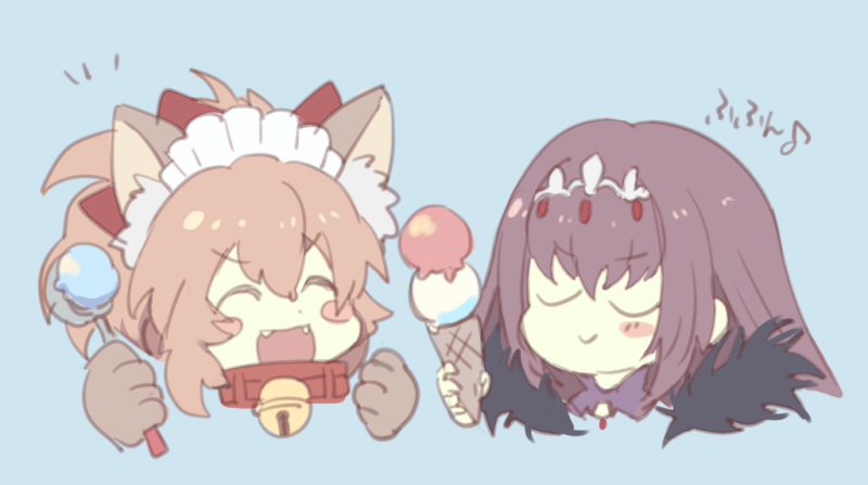 2girls :d animal_ear_fluff animal_ears bangs bell bell_collar blue_background blush_stickers bow brown_hair closed_eyes collar double_scoop eighth_note eyebrows_visible_through_hair fangs fate/grand_order fate_(series) feather_trim food fox_ears gloves hair_between_eyes hair_bow headpiece holding holding_food ice_cream ice_cream_cone ice_cream_scoop jingle_bell kidhukaji maid_headdress multiple_girls musical_note open_mouth paw_gloves paws purple_hair red_bow red_collar scathach_(fate)_(all) scathach_skadi_(fate/grand_order) sidelocks simple_background smile tamamo_(fate)_(all) tamamo_cat_(fate) translated v-shaped_eyebrows