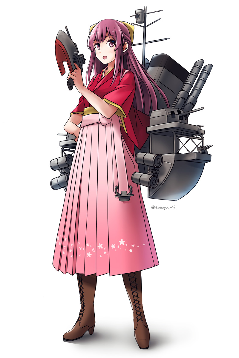 1girl boots bow brown_footwear cannon cross-laced_footwear depth_charge depth_charge_projector full_body gun hakama highres japanese_clothes kamikaze_(kantai_collection) kantai_collection kimono lace-up_boots long_hair long_sleeves machinery meiji_schoolgirl_uniform pink_hair pink_hakama red_kimono ribbon rigging shadow simple_background smokestack solo tasuki tomoyo_kai torpedo torpedo_tubes turret twitter_username violet_eyes weapon white_background wide_sleeves yellow_bow yellow_ribbon