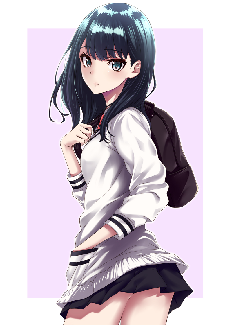 1girl backpack bag bangs black_hair black_skirt blue_eyes border bow breasts grey_background hand_in_pocket light_smile long_hair long_sleeves looking_at_viewer looking_back miniskirt pink_neckwear pleated_skirt red_bow school_uniform simon_(n.s_craft) simple_background skirt small_breasts solo ssss.gridman sweater swept_bangs takarada_rikka thighs white_border white_sweater