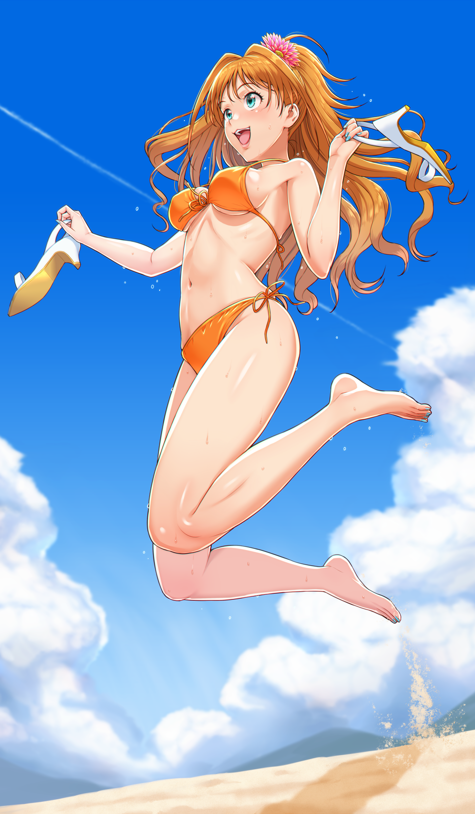 1girl aqua_eyes bangs bare_legs barefoot beach bikini blue_sky blush breasts clouds day eyebrows_visible_through_hair flower from_below front-tie_top full_body hair_flower hair_ornament high_ponytail highres hino_akane_(idolmaster) holding holding_shoes idolmaster idolmaster_cinderella_girls jumping long_hair medium_breasts navel nigou open_mouth orange_bikini orange_hair outdoors ponytail sand sandals shoes shoes_removed side-tie_bikini sky smile solo sweat swimsuit toenail_polish toes