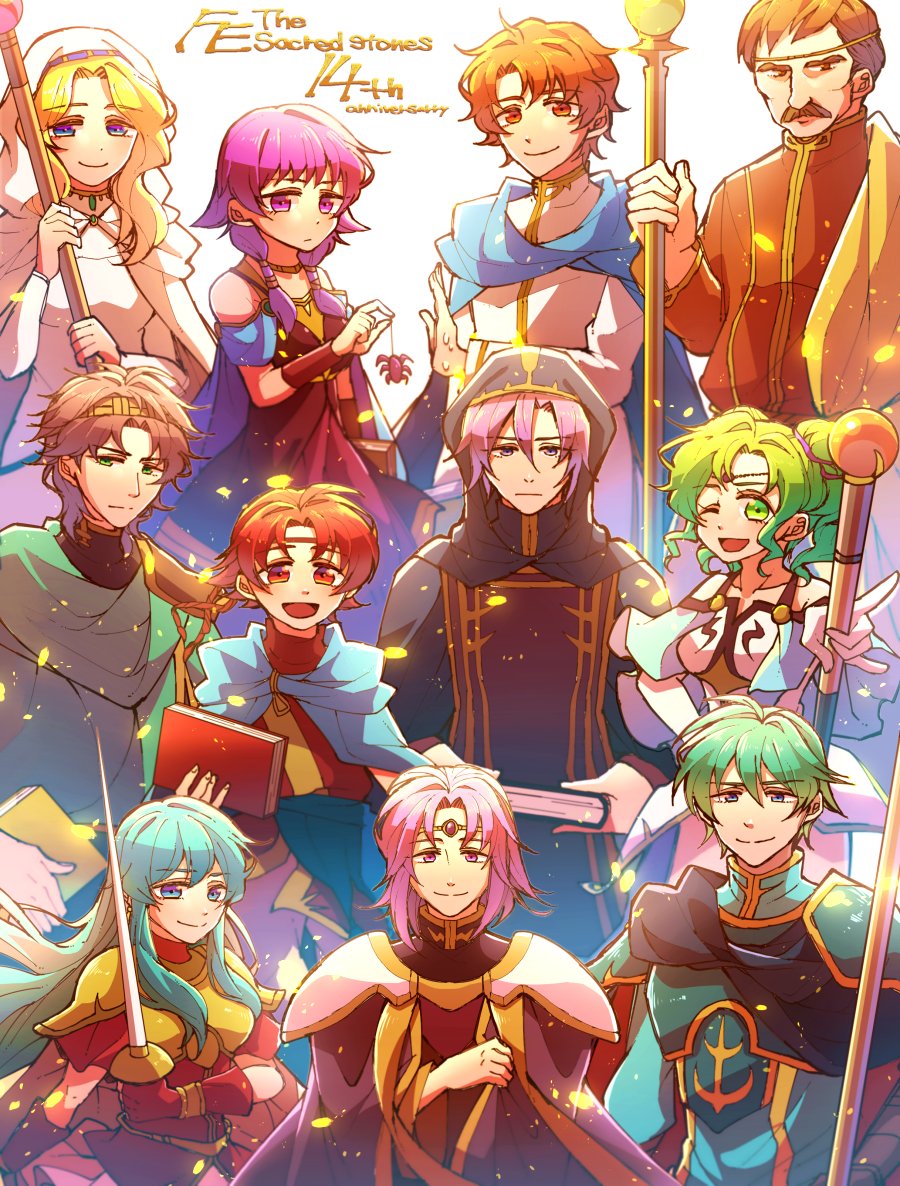 armor bare_shoulders blue_hair blush book breastplate cape dress eirika elbow_gloves ephraim fire_emblem fire_emblem:_seima_no_kouseki fire_emblem_heroes gloves green_eyes green_hair holding hzk_(ice17moon) jewelry l'arachel long_hair looking_at_viewer lute_(fire_emblem) lyon_(fire_emblem) male_focus multiple_boys multiple_girls nintendo open_mouth ponytail purple_cape purple_hair short_hair smile thigh-highs twintails violet_eyes