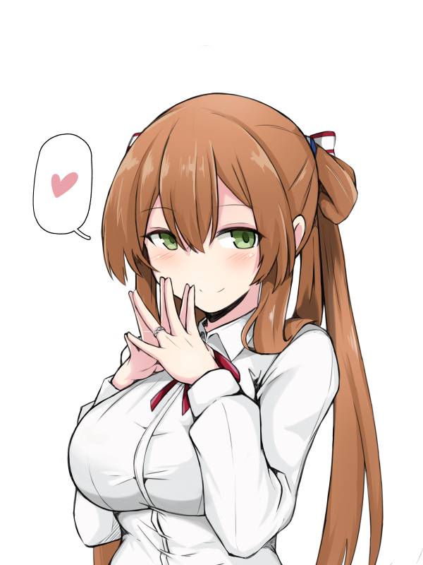 1girl blush breasts brown_hair collared_shirt commentary eyebrows_visible_through_hair girls_frontline green_eyes hair_ribbon hands_together heart jewelry kumasteam large_breasts looking_at_viewer m1903_springfield_(girls_frontline) ribbon ring shirt simple_background smile solo spoken_heart steepled_fingers wedding_band white_background white_shirt