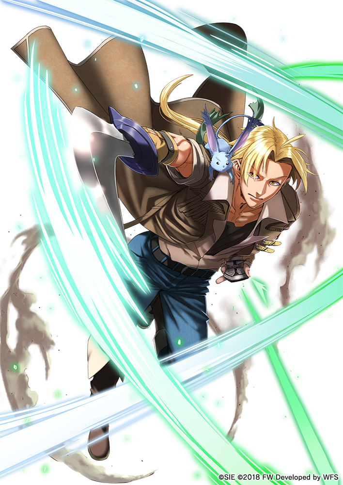 1boy 2018 blonde_hair blue_pants boots brown_coat brown_footwear closed_mouth coat creature denim fringe hanpan hinomoto_madoka holding holding_sword holding_weapon jack_van_burace jeans knee_boots long_hair looking_at_viewer male_focus pants ponytail scabbard serious sheath simple_background sword watermark weapon white_background wild_arms wild_arms_1 yellow_eyes