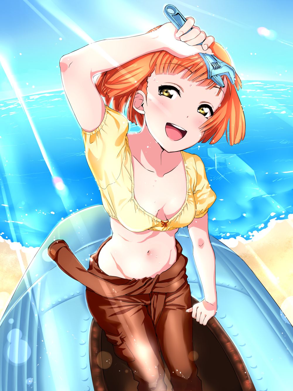 10s 1girl :d bangs beach blue_sky blunt_bangs breasts breasts_apart collarbone commentary crop_top day downblouse english_commentary fisheye groin half-closed_eyes highres holding holding_wrench horizon koyama_mai looking_at_viewer love_live! love_live!_sunshine!! medium_breasts midriff navel no_bra ocean official_style open_mouth orange_hair outdoors puffy_short_sleeves puffy_sleeves ribs sagging_breasts shirt short_hair short_sleeves sky smile solo stomach sunrise_(company) takami_chika very_short_hair wrench yellow_eyes yellow_shirt