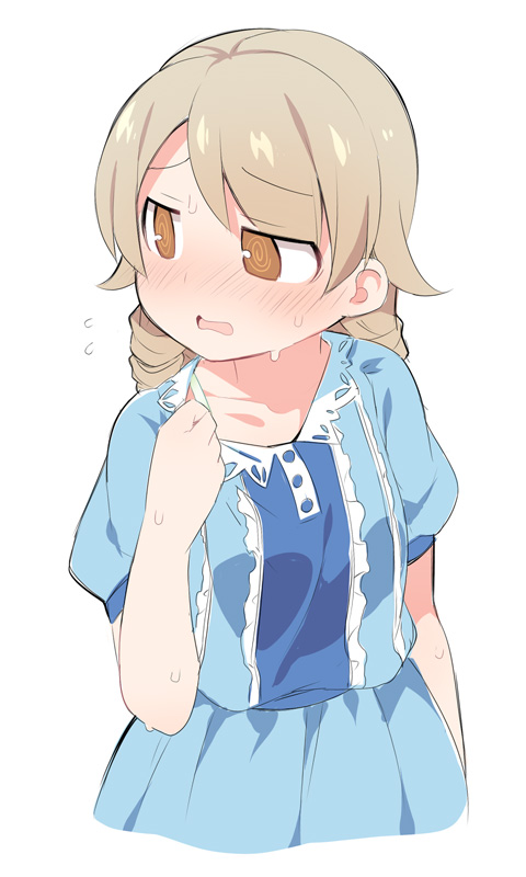 1girl @_@ arm_at_side bangs blue_dress blush brown_eyes collarbone cropped_torso dress eyebrows_visible_through_hair flying_sweatdrops hand_up idolmaster idolmaster_cinderella_girls light_brown_hair long_hair morikubo_nono nose_blush parted_lips pleated_dress puffy_short_sleeves puffy_sleeves ringlets short_sleeves simple_background solo sweat ushi white_background