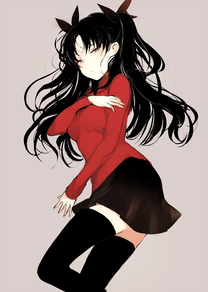 1girl bangs black_hair black_legwear black_ribbon black_skirt breasts commentary_request copyright_request fate/stay_night fate_(series) grey_background hair_ribbon hair_spread_out half-closed_eyes korean_commentary long_hair long_sleeves looking_at_viewer lpip miniskirt parted_bangs pleated_skirt red_sweater ribbon simple_background skirt solo sweater thigh-highs tohsaka_rin turtleneck two_side_up zettai_ryouiki