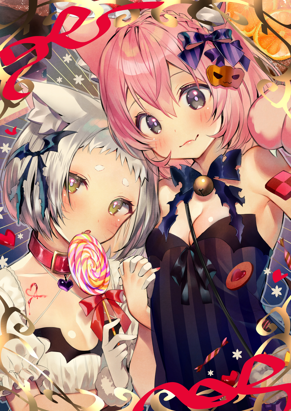 2girls :3 animal_ears armpits bare_shoulders black_dress bow braid breasts candy cat_ears cleavage cookie crown_braid dress fang food gloves green_eyes grey_eyes hair_bow hair_ribbon hand_holding heart_collar highres interlocked_fingers lollipop long_hair looking_at_viewer multiple_girls off-shoulder_dress off_shoulder original paws pink_hair ribbon shirako_sei short_hair silver_hair striped swirl_lollipop vertical-striped_dress vertical_stripes whiskers white_gloves