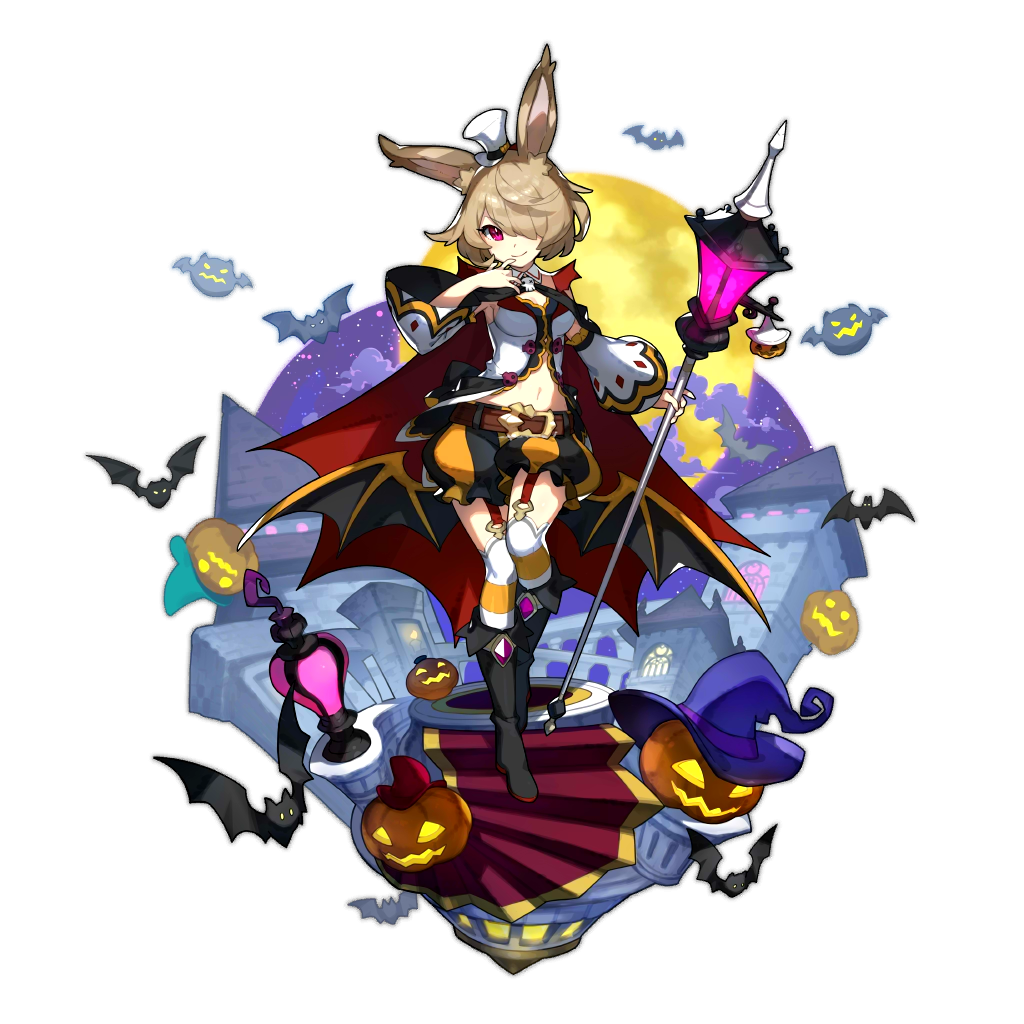 1girl alternate_costume althemia animal_ears artist_request bat boots breasts brown_hair cleavage dragalia_lost garter_straps holding lamp lampion looking_at_viewer non-web_source official_art rabbit_ears red_eyes shorts source_request staff thigh-highs