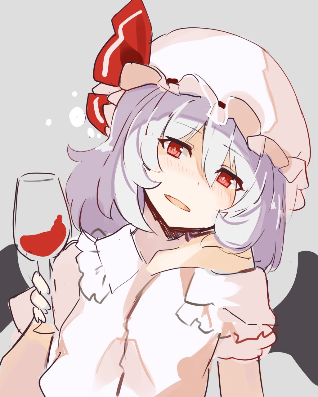 1girl alcohol bangs bare_shoulders bat_wings blush collarbone commentary_request cup dress drinking_glass eyebrows_visible_through_hair frilled_shirt_collar frills grey_background hair_between_eyes hand_up hat hat_ribbon head_tilt highres holding holding_cup looking_at_viewer mob_cap off_shoulder open_mouth puffy_short_sleeves puffy_sleeves red_eyes red_ribbon remilia_scarlet ribbon rin_falcon short_hair short_sleeves silver_hair simple_background sketch smile solo touhou upper_body white_dress white_hat wine wine_glass wings