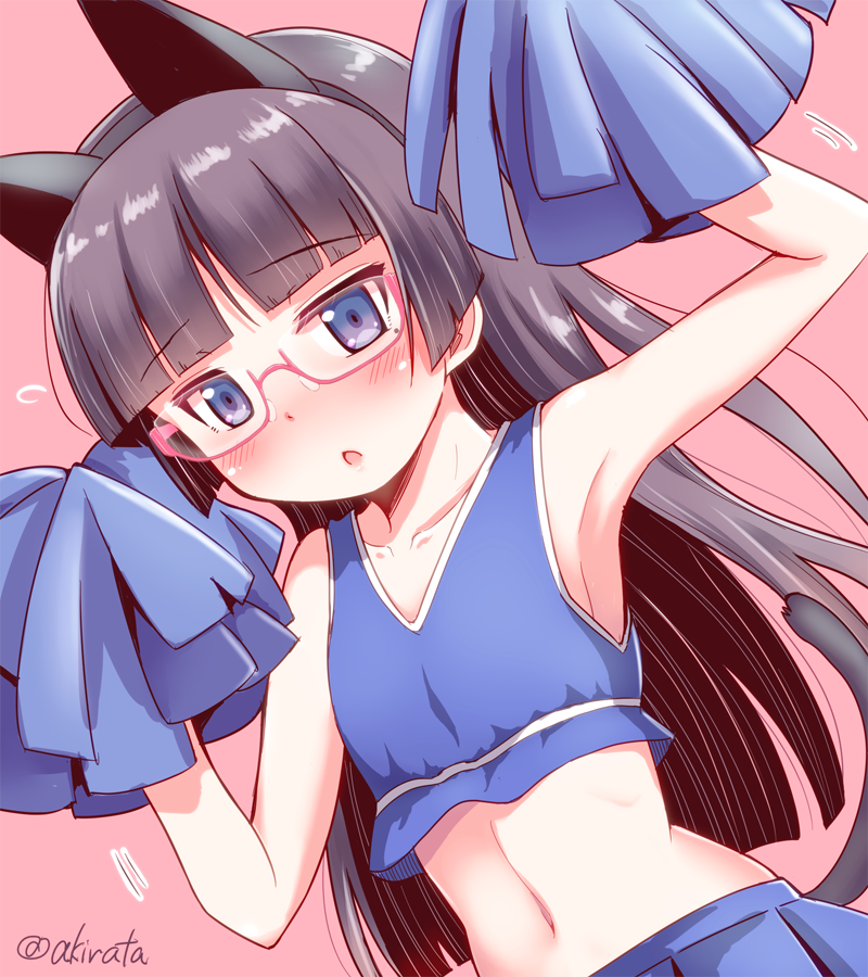 1girl animal_ears bangs bespectacled blush cat_ears cat_tail cheerleader glasses gokou_ruri herunin hime_cut long_hair mole mole_under_eye navel open_mouth ore_no_imouto_ga_konna_ni_kawaii_wake_ga_nai pom_poms solo tagme tail