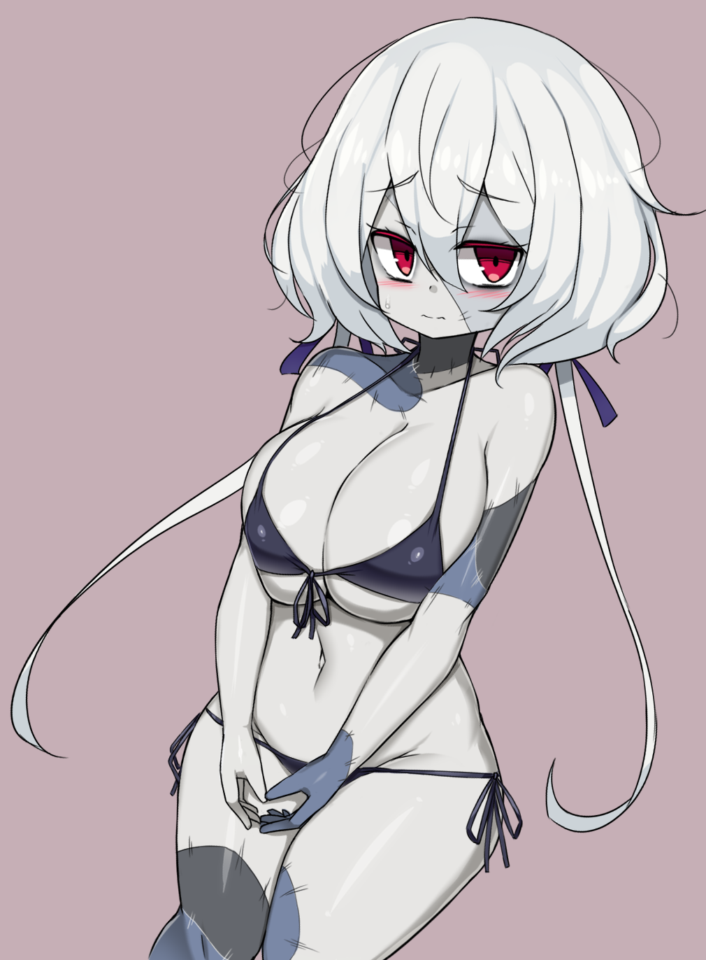 1girl bikini black_bikini blue_skin blush breasts closed_mouth curvy eyebrows_visible_through_hair front-tie_bikini front-tie_top hair_between_eyes hair_ribbon hands_together highres konno_junko large_breasts long_hair looking_at_viewer micro_bikini navel red_eyes ribbon sawati side-tie_bikini solo stitches sweatdrop swimsuit very_long_hair wavy_mouth white_hair zombie zombieland_saga