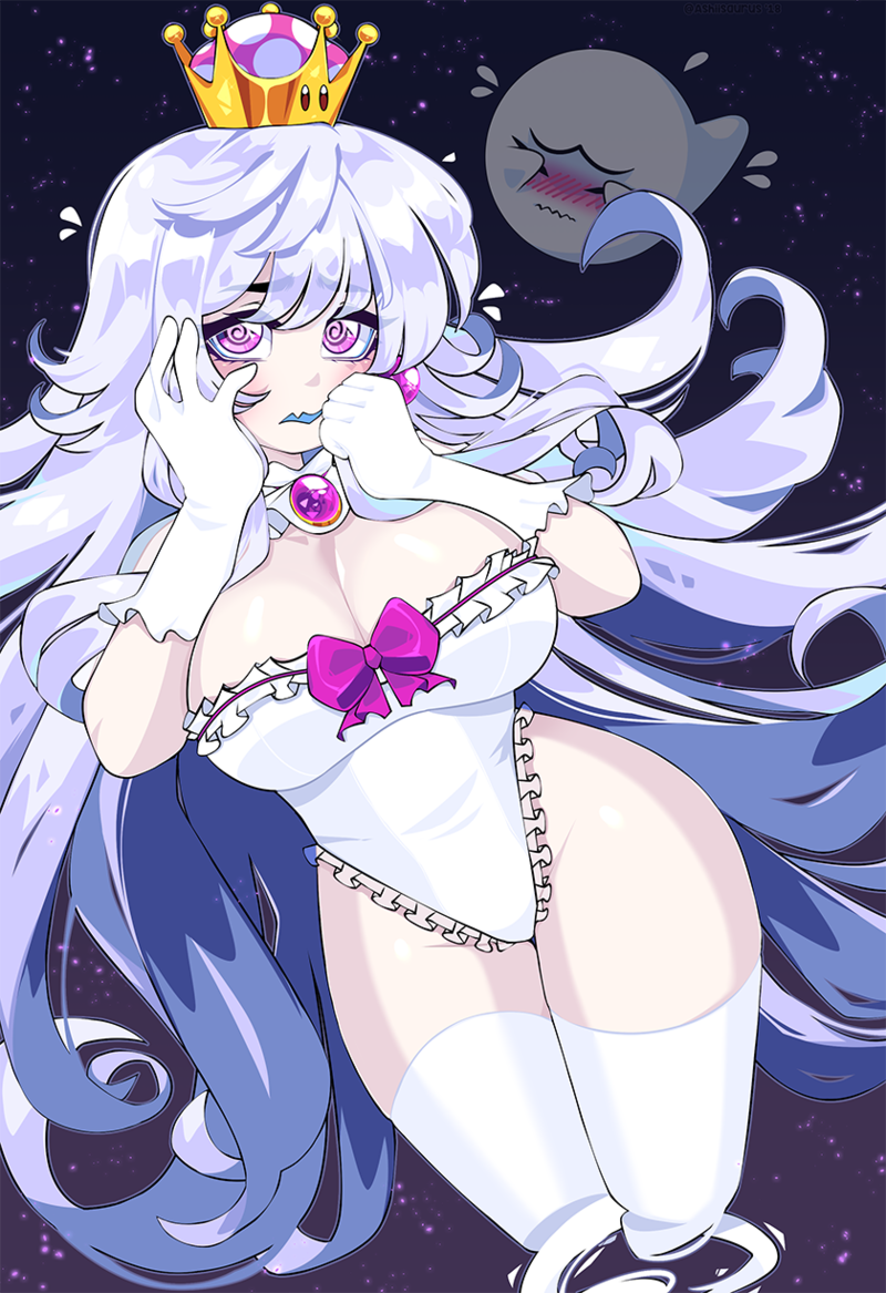 boo breasts crown frilled_leotard frills gloves large_breasts leotard long_hair nintendo pale_skin princess_king_boo queen_ashi super_crown symbol-shaped_pupils thigh-highs violet_eyes white_gloves white_hair white_legwear white_leotard