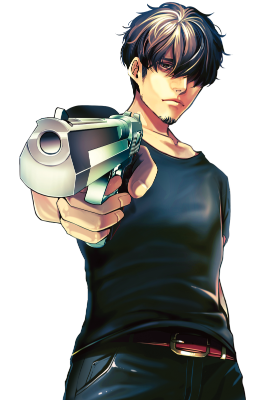 1boy asahi_man'you belt black_pants black_shirt brown_eyes brown_hair character_request copyright_request facial_hair goatee gun hair_over_one_eye holding holding_gun holding_weapon male_focus official_art pants shirt solo t-shirt weapon white_background