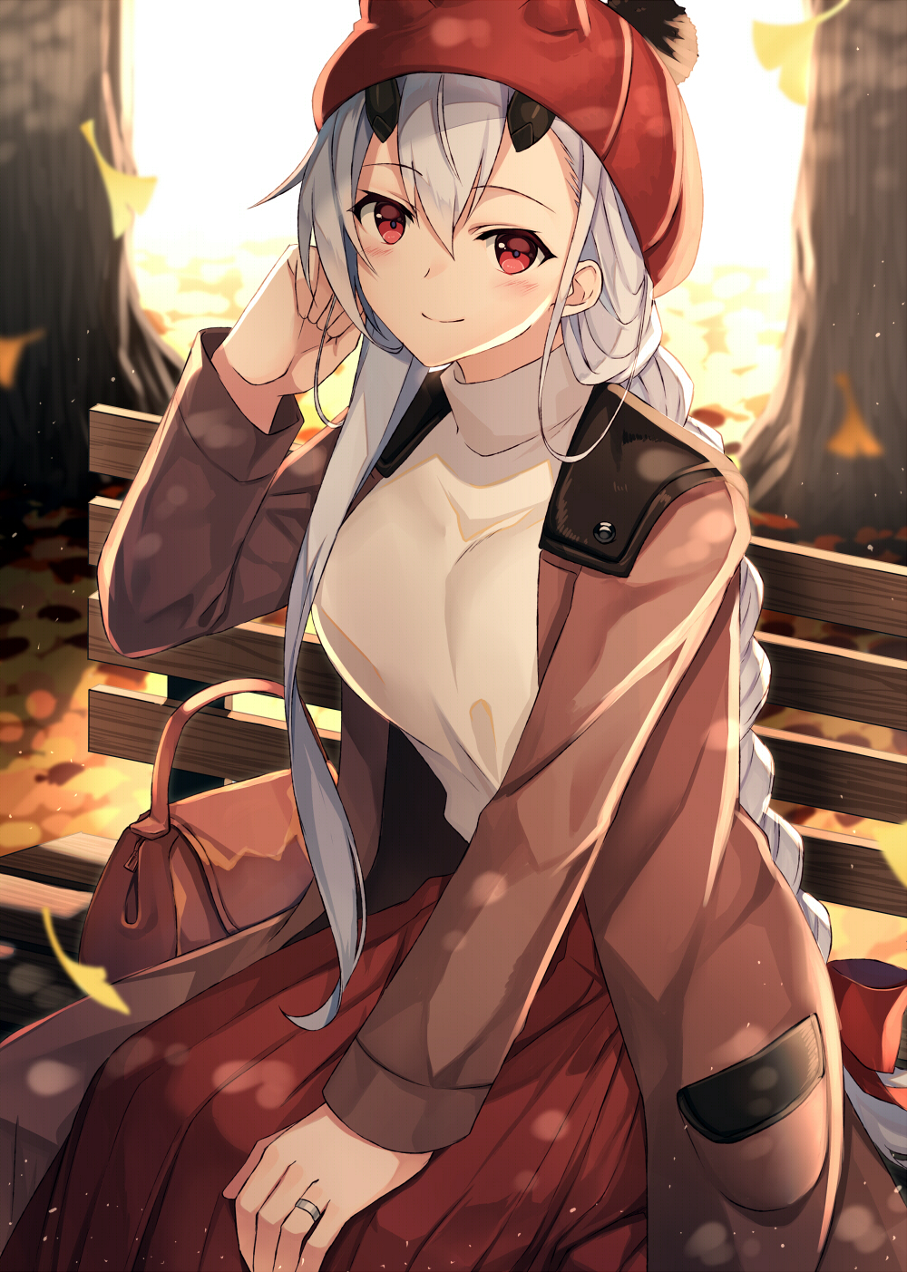 1girl akami_fumio bag bangs beanie bench blush bow braid breasts brown_jacket closed_mouth commentary_request eyebrows_visible_through_hair fate/grand_order fate_(series) hair_between_eyes hair_bow hand_up handbag hat highres horned_headwear horns jacket jewelry long_hair long_sleeves medium_breasts on_bench open_clothes open_jacket park_bench pleated_skirt red_bow red_eyes red_hat red_skirt ring shirt silver_hair single_braid sitting skirt smile solo tomoe_gozen_(fate/grand_order) tree very_long_hair white_shirt