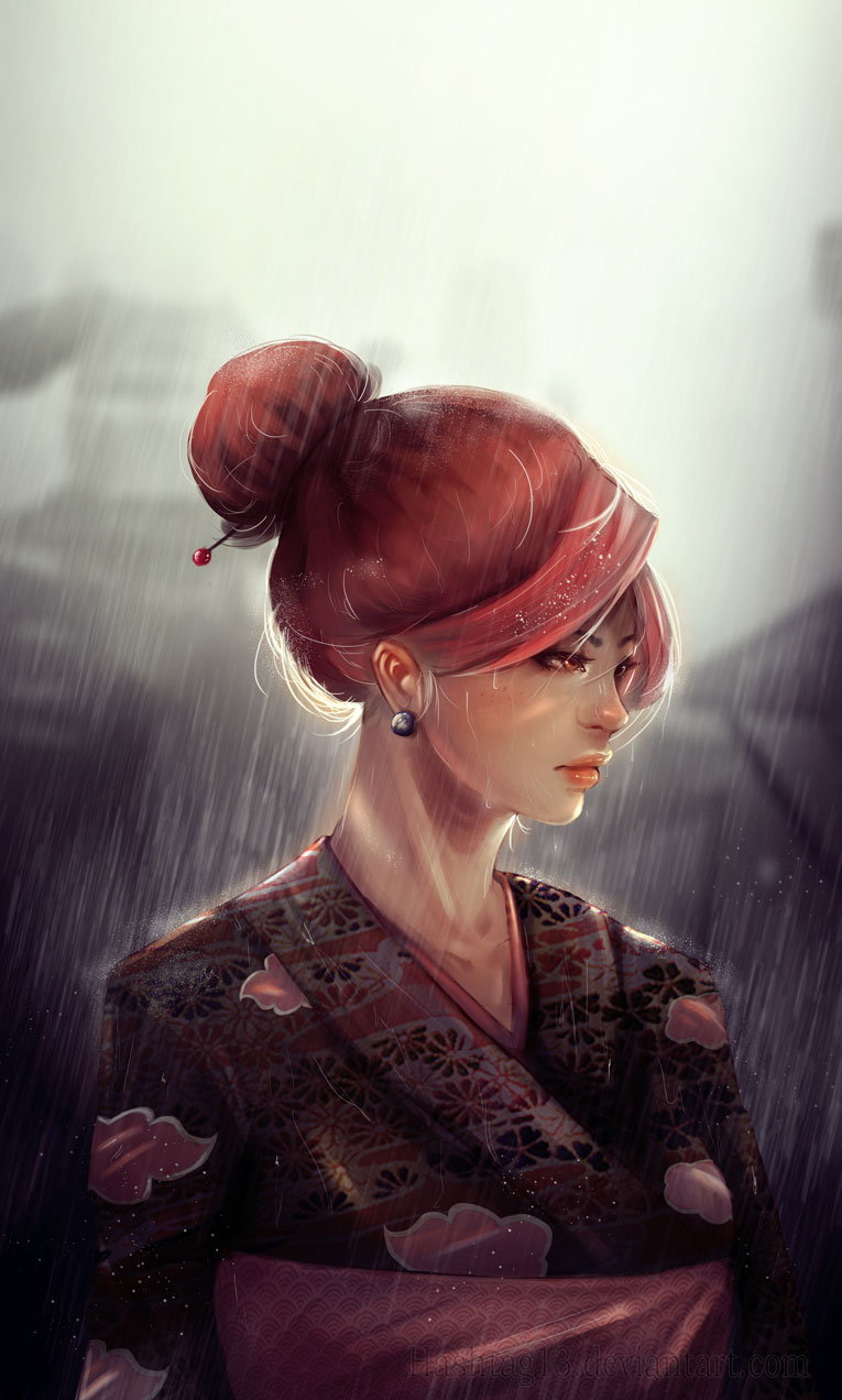 1girl brown_eyes cloud_print commentary earrings english_commentary floral_print hair_bun hair_ornament hair_stick highres japanese_clothes jewelry kimono lips nose original pink_sash rain red_lips redhead sash solo sparkle trung_doan water