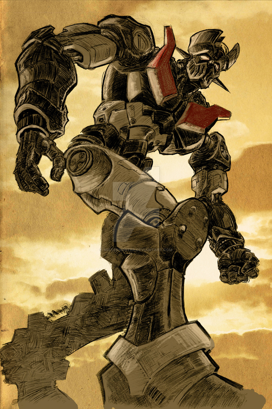 70s clouds highres joel_ojeda_lopez mazinger_z mazinger_z_(mecha) mecha no_humans oldschool robot science_fiction solo super_robot